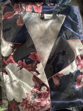 Floral Satin Pajama Top in Navy, Pink & Cream